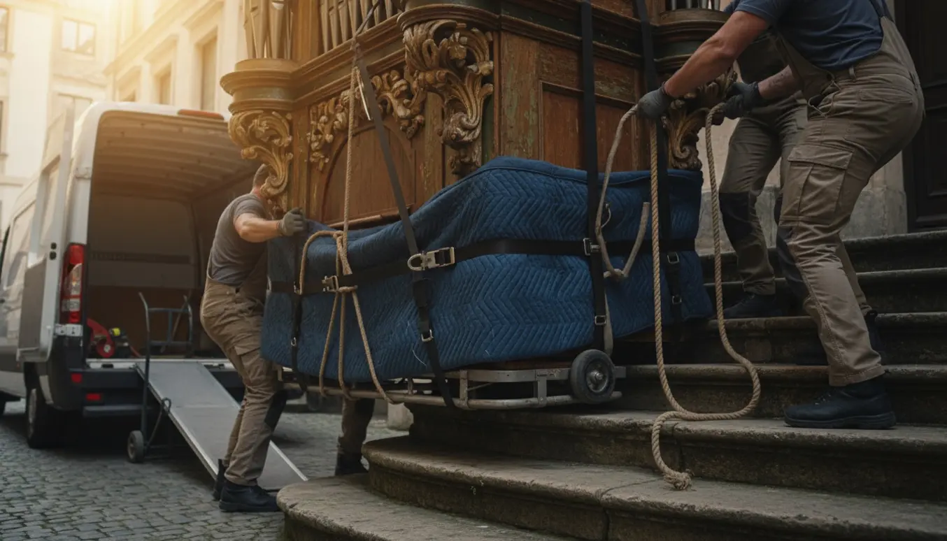 Et tungt gammelt orgel bæres ned ad slidte stentrapper af hjælpere med tæpper og stropper, mens en flyttebil venter nedenfor.