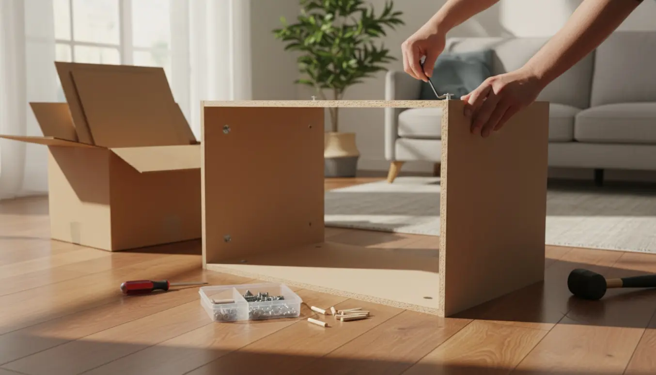 Hænder samler et fladtpakket skab på trægulv med skruer og værktøj i en lys stue.