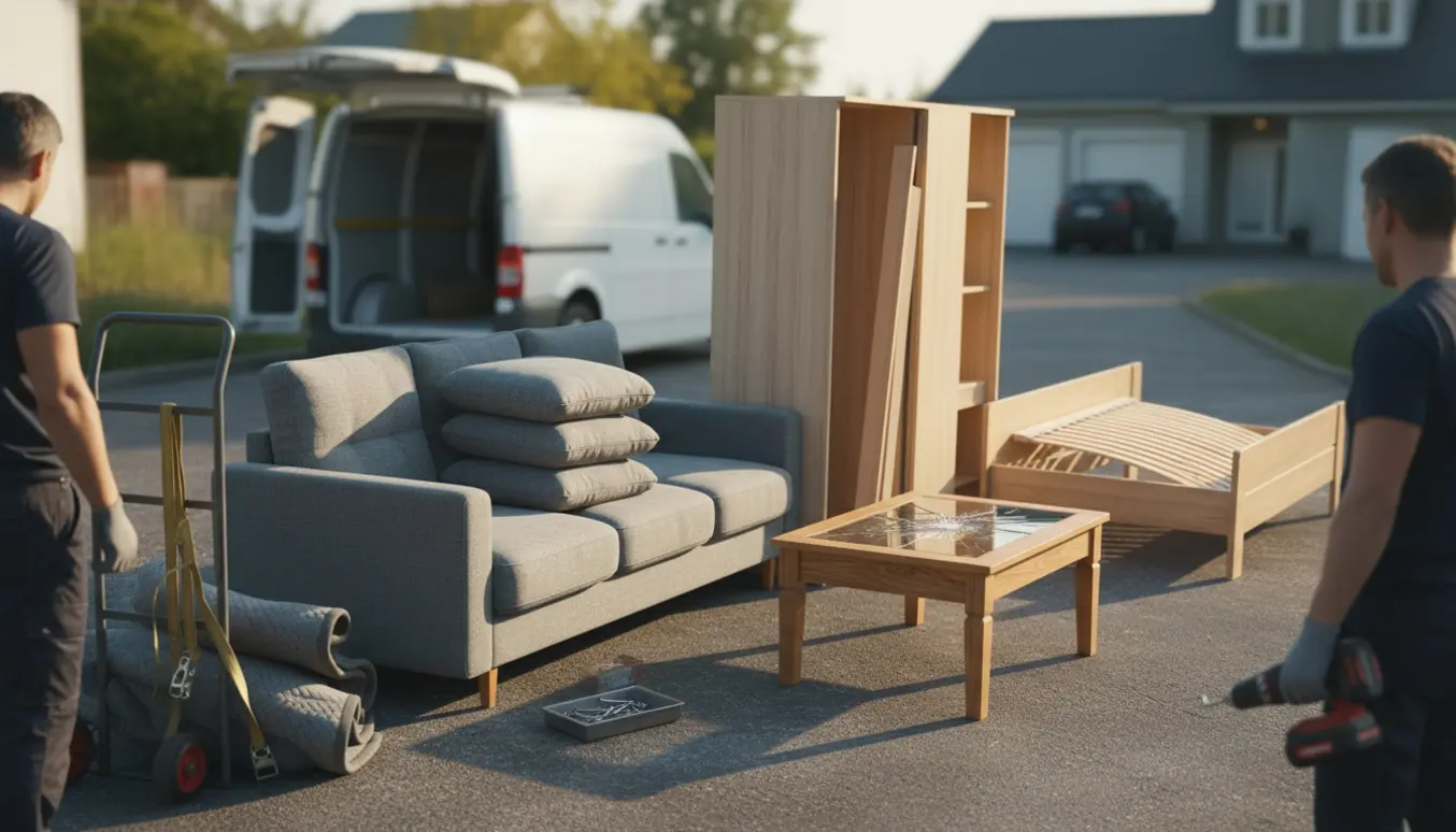 Delvist adskilt 4-personers sofa, ødelagt sofabord og flade garderobepaneler klar til afhentning ved en åben varevogn.