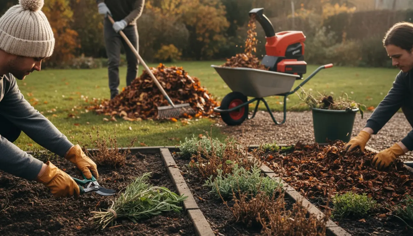 Hænder beskærer krydderurter og rydder visne blade i en have med kompostkværn og trillebør.