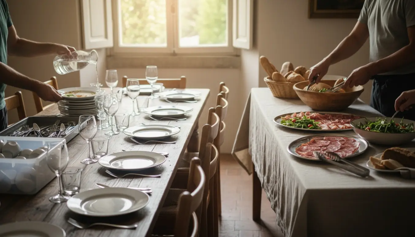 Hænder anretter buffet og serverer drikkevarer ved et bord dækket til 14 personer, mens tallerkener læsses i en åben opvaskemaskine.