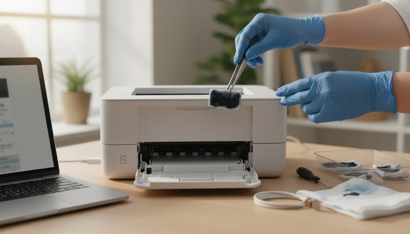 Nærbillede af hænder med handsker, der fjerner en blækpude fra en hvid multifunktionsprinter på et skrivebord.