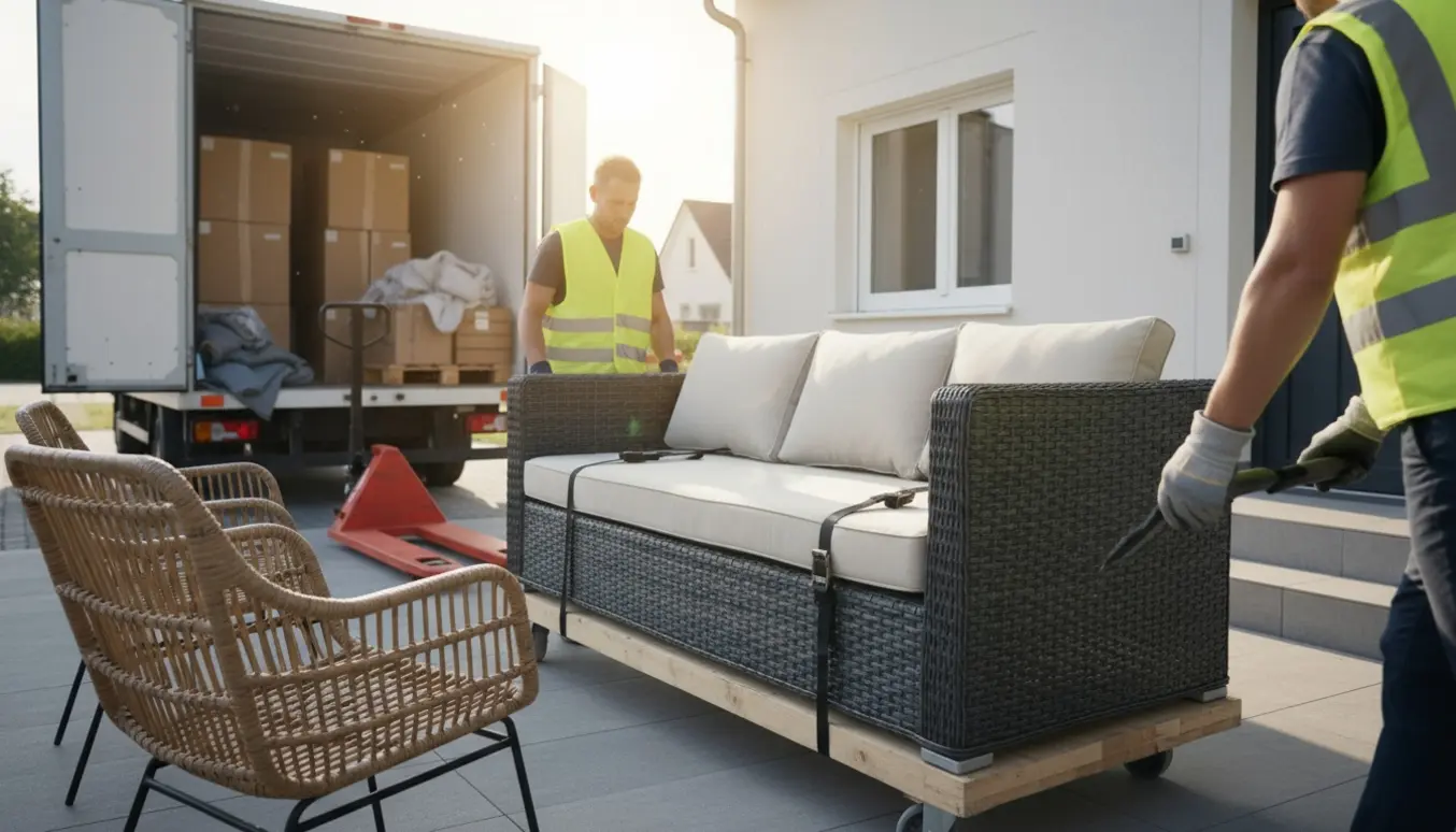 Havesofa og to fletstole bæres fra en lagerhal og forsigtigt ind gennem husets døråbning.