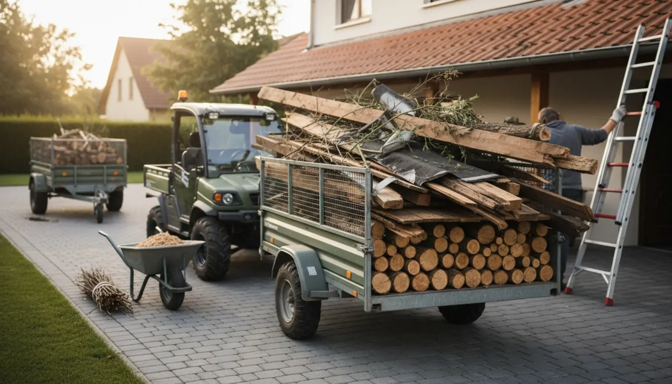 Buggy-trailer fyldt med tag- og haveaffald og stabler af brænde ved en indkørsel.