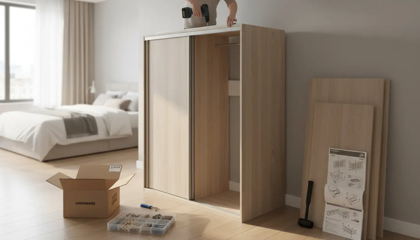 Delvist samlet skab med skydedøre i et lyst soveværelse, værktøj og brugsanvisning ligger klar.