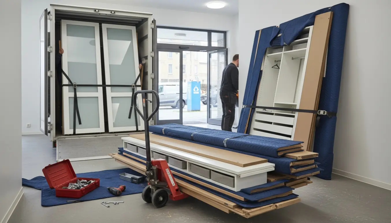 Demonterede garderobepaneler og to høje skydedøre pakket på sækkevogn og i varebil ved en elevator, klar til bortkørsel.