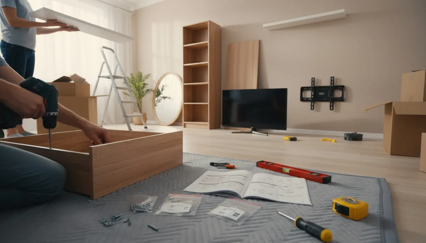 Hænder samler fladpakkede møbler og monterer hylder og TV i en lys stue efter flytning.