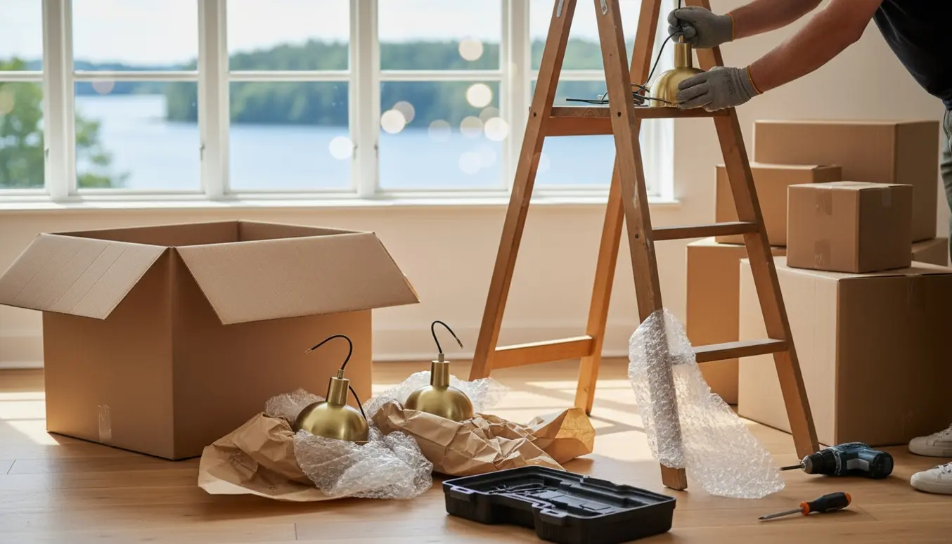 Hænder fjerner en pendel fra loftet ved en flytning med stige, flyttekasser og indpakkede lamper i baggrunden.