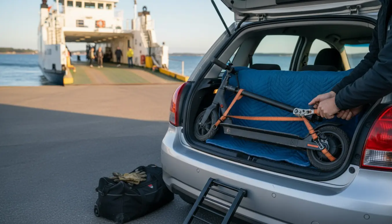 El-løbehjul sikret i bilens bagagerum ved færgeleje med hav og færge i baggrunden.