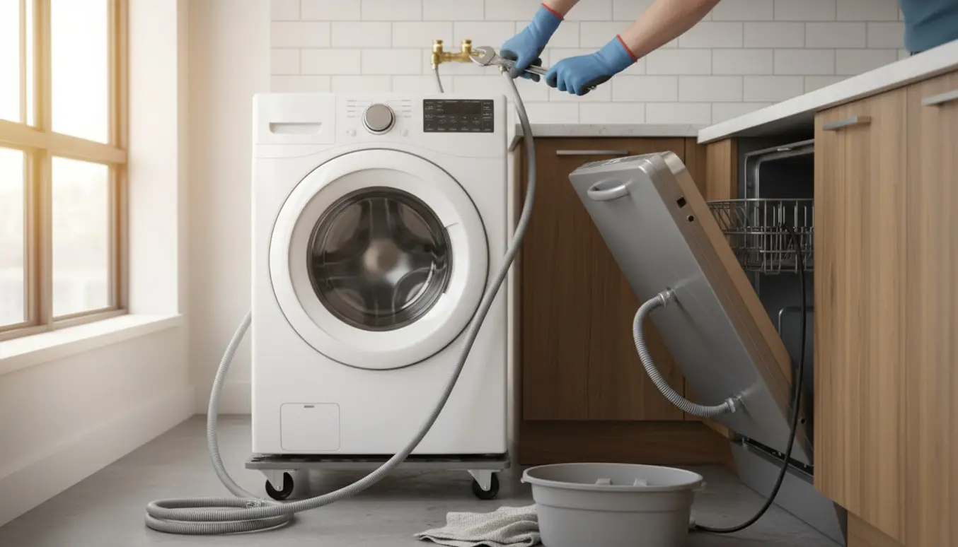 Vaskemaskine og opvaskemaskine trukket ud fra køkkenet med afmonterede slanger og værktøj klar til flytning.