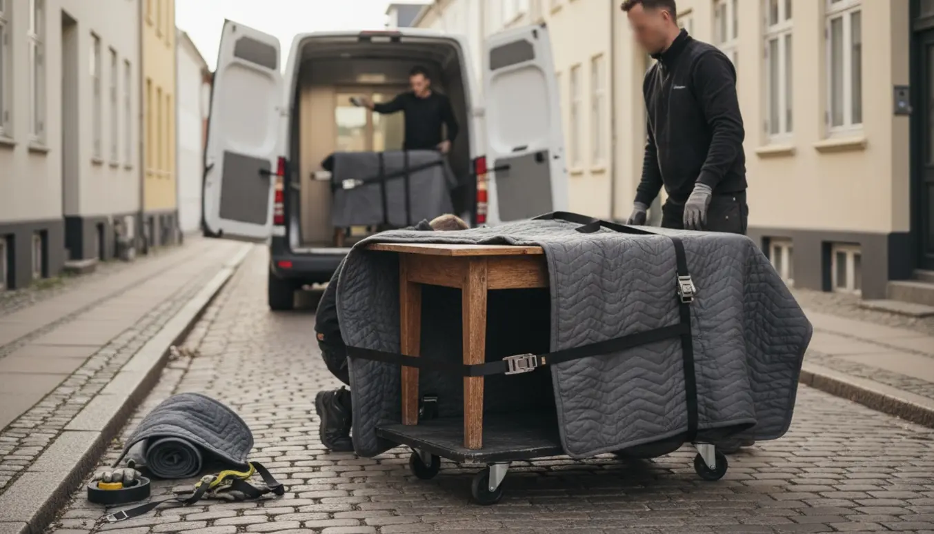 Et lille bord pakket i flytteuld løftes ind i en varevogn foran en lejlighed med elevator, klar til transport til København.