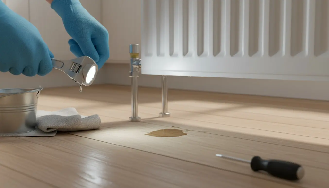 Nærbillede af køkkenradiator med en dråbe fra ventilen og handsker, der holder en skruenøgle over en spand.