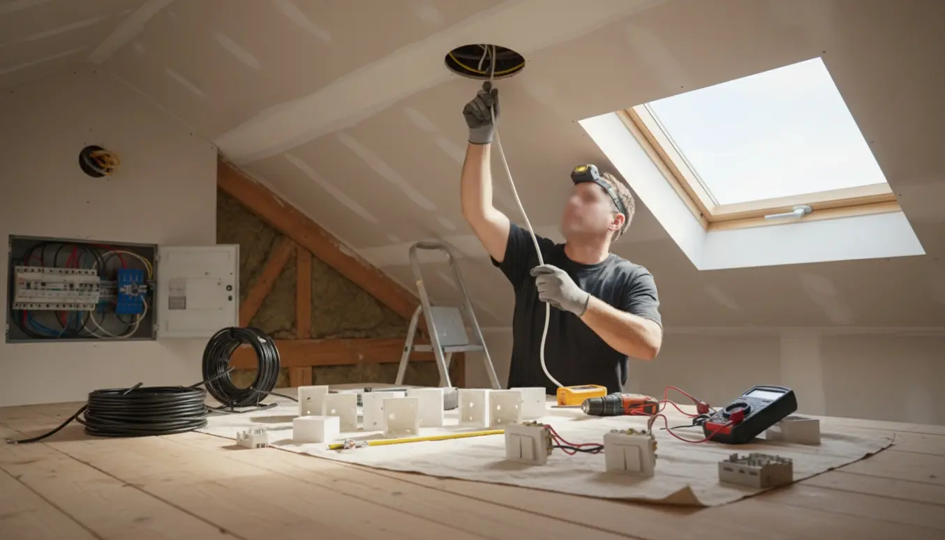 Elektriker trækker kabel og monterer stikkontakter og lampeudtag i et ombygget loftsrum.