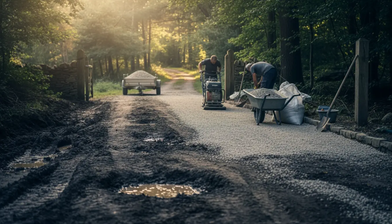 Renovering af en leret grusindkørsel med nyt grus, værktøj og maskine i skovagtigt miljø.