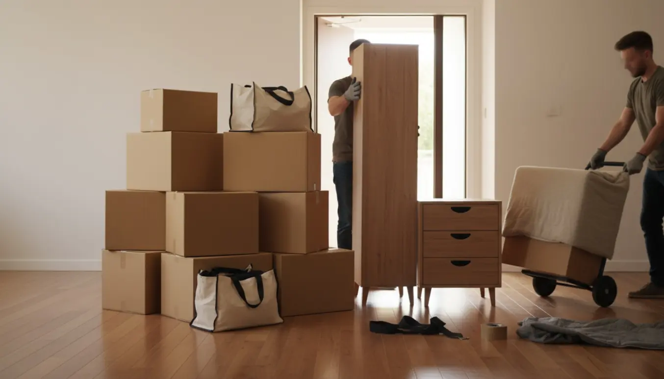 To personer bærer et smalt skab og stabler flyttekasser i en lys entré klar til flytning.