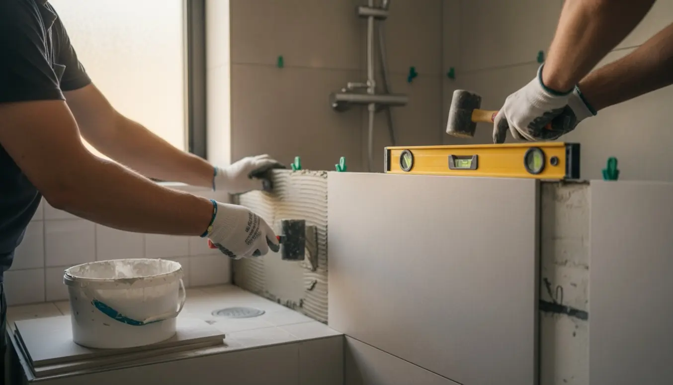 Nærbillede af en brusekabine, hvor rektangulære fliser sættes med fliseklæb, flisekryds og værktøj synlige.