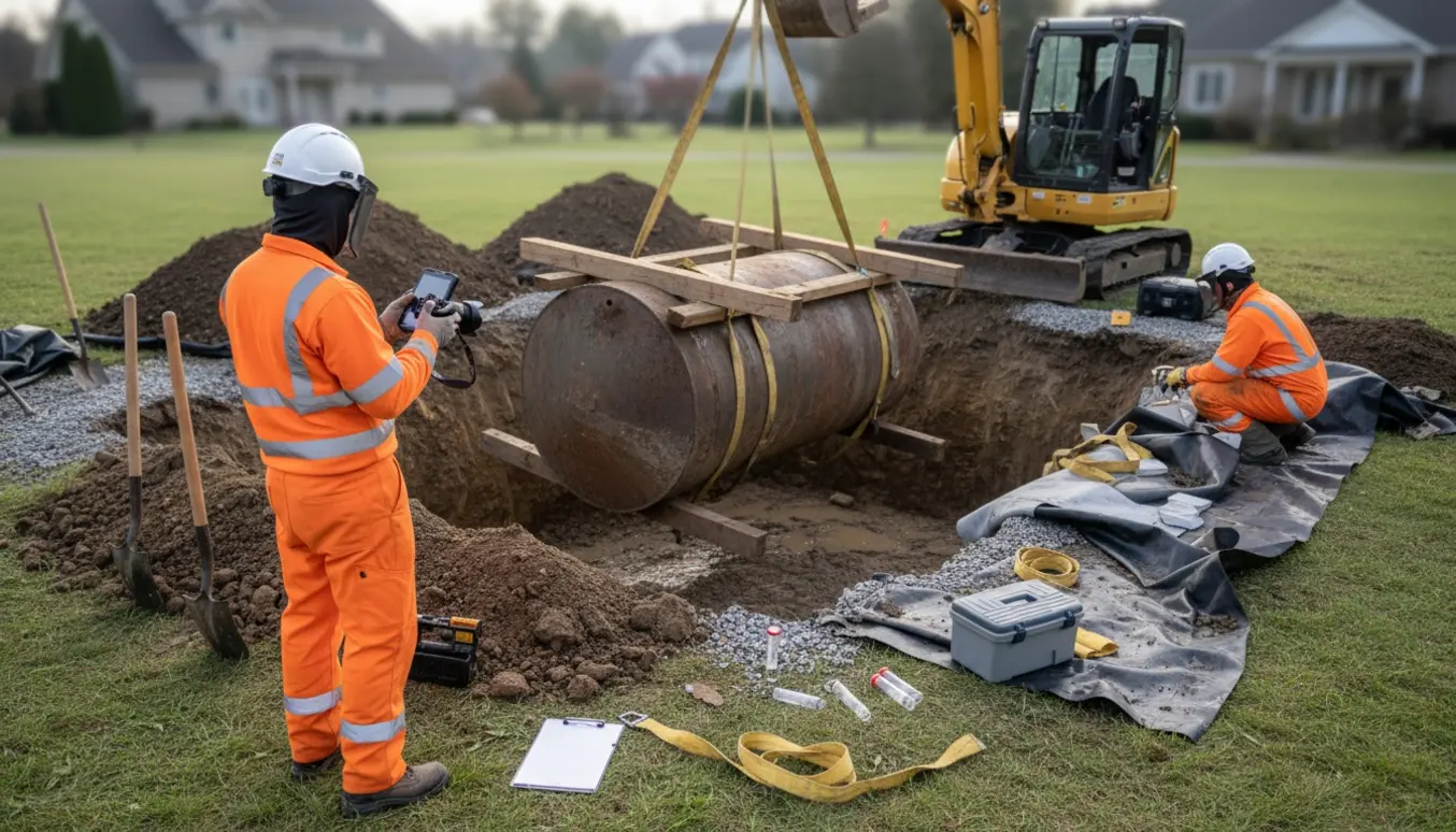 En gravemaskine løfter en underjordisk olietank op af en udgravning, mens en tekniker dokumenterer arbejdet med en tablet.