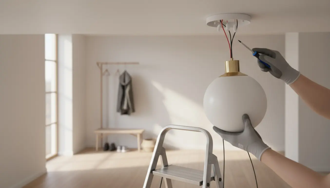 Hænder på en stige monterer en nordisk loftslampe i en indbydende entré.