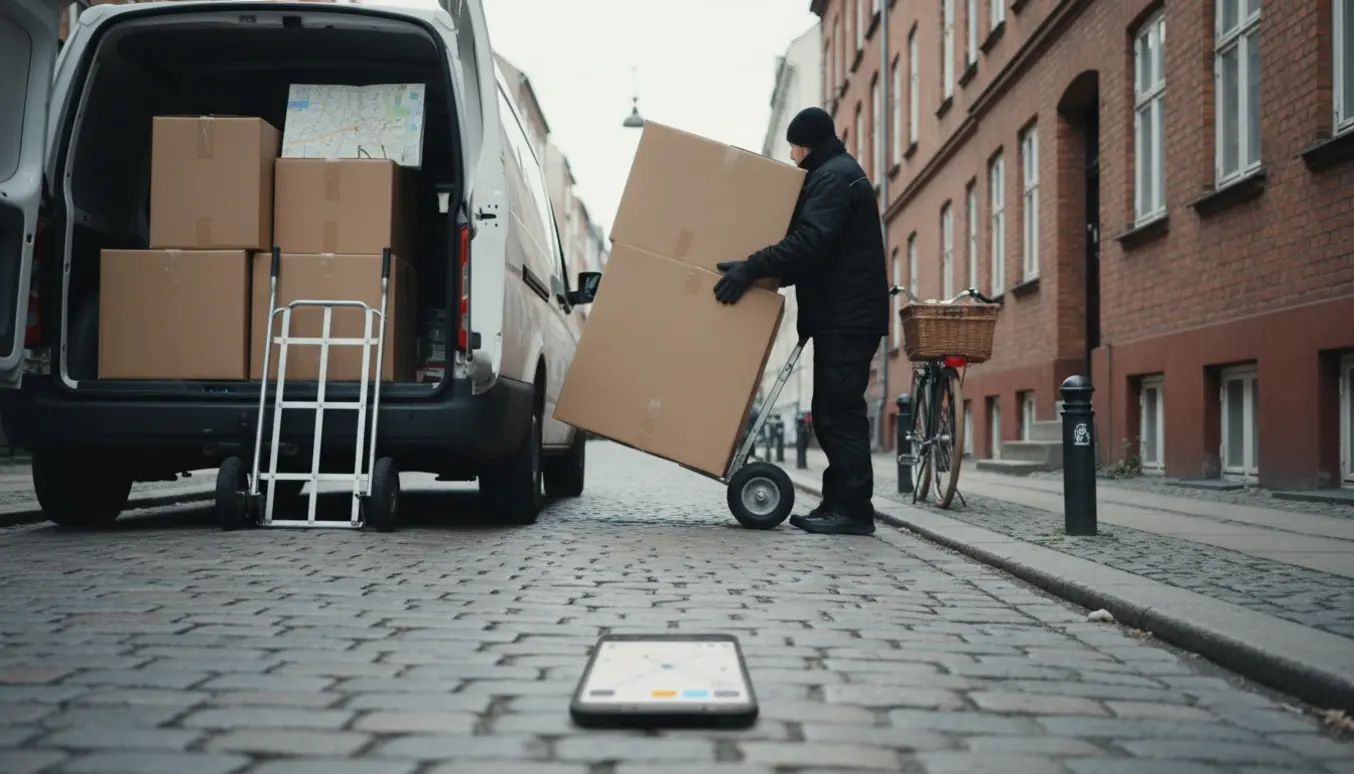 Åben varevogn på en københavnsk gade med flade møbelkasser og en håndtruck, mens en person læsser dem af.