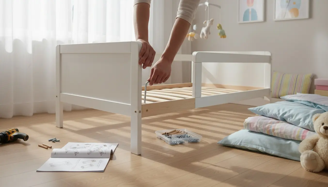 Nærbillede af hænder, der samler en børneseng i et lyst og hyggeligt børneværelse.