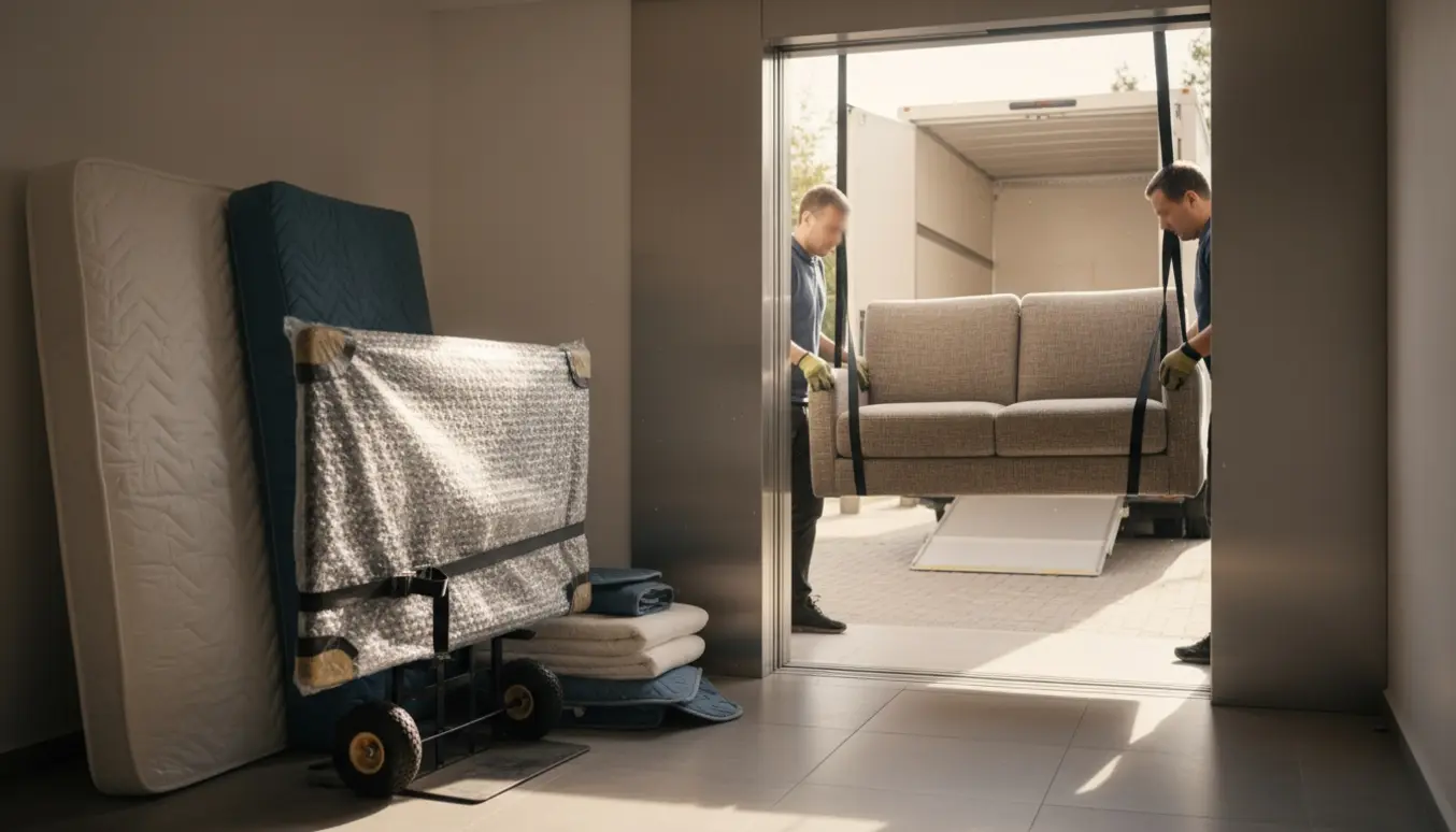 To flyttemænd bærer en sofa ud af elevatoren mod en ventende flyttebil, med indpakkede senge og et beskyttet 55-tommer fladskærm i baggrunden.