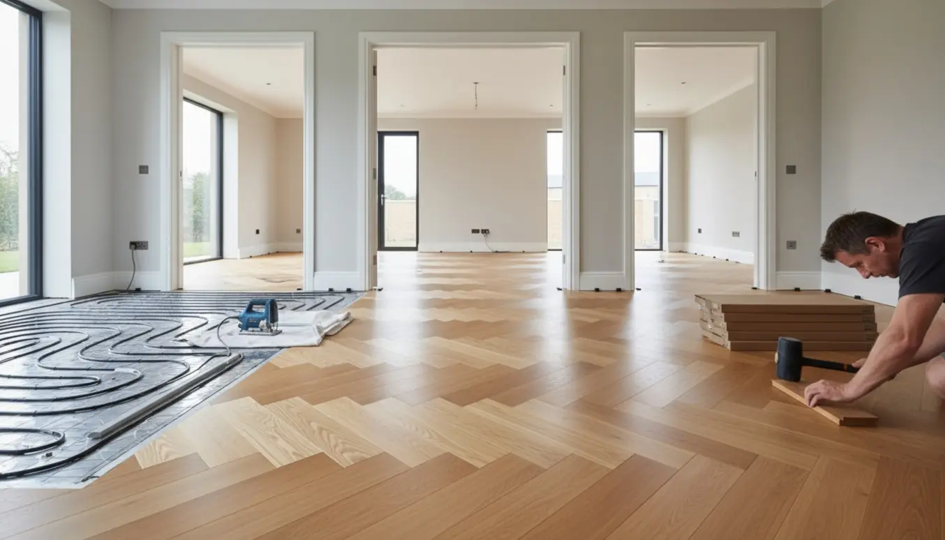 Installatør lægger 4 mm parketgulv over elektrisk gulvvarme i et lyst hjem med åbne døre til flere rum.