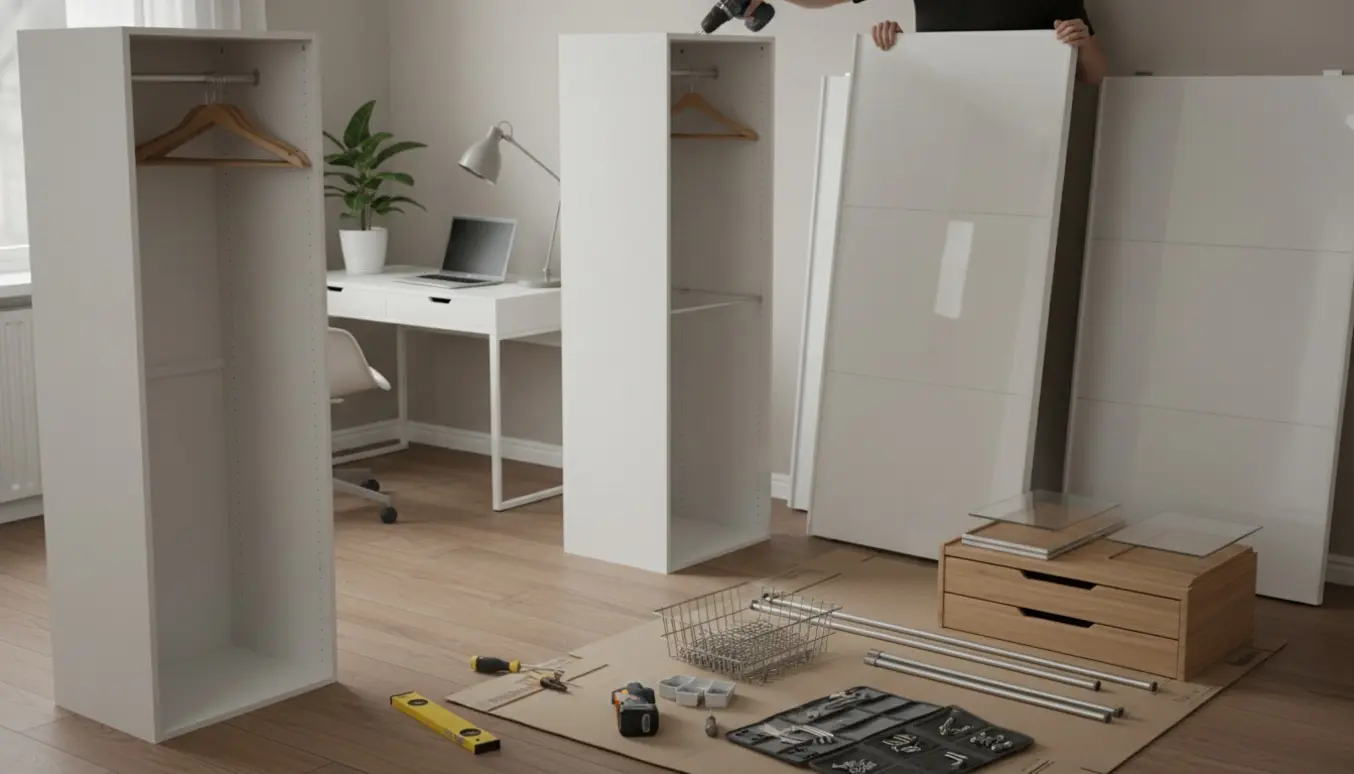 Halvfærdigt PAX skab med skydelåger i et lille kontor, dele og værktøj klar til montering.