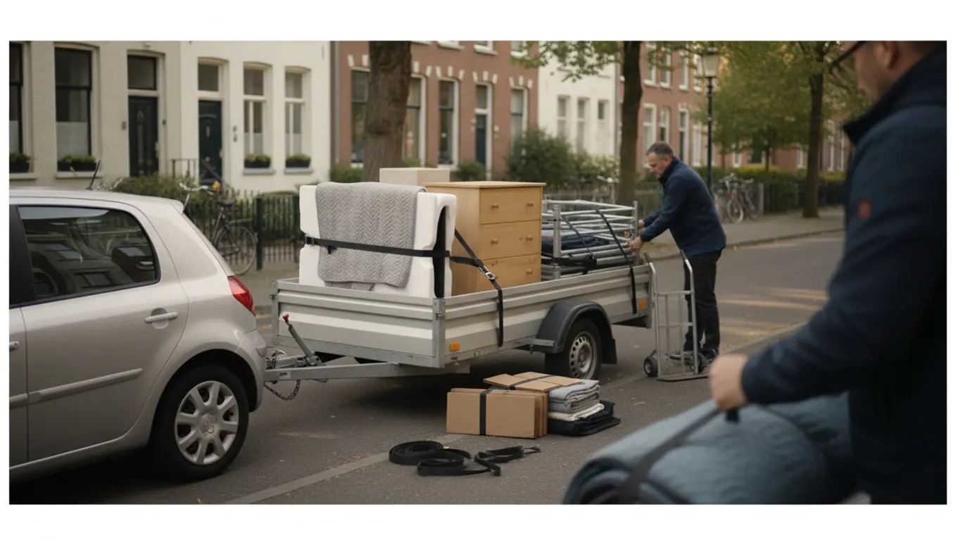 Bil med trailer lastet med TV, lyse kommode og nedpakket seng på en rolig boliggade, folk spænder møbler fast.