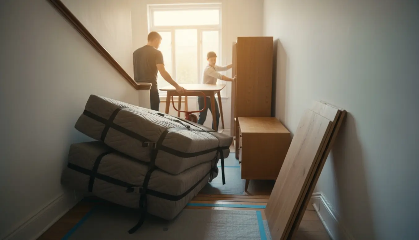 Møbler bæres ned ad trappen til kælderen for midlertidig opbevaring, klar til udskiftning af gulve.