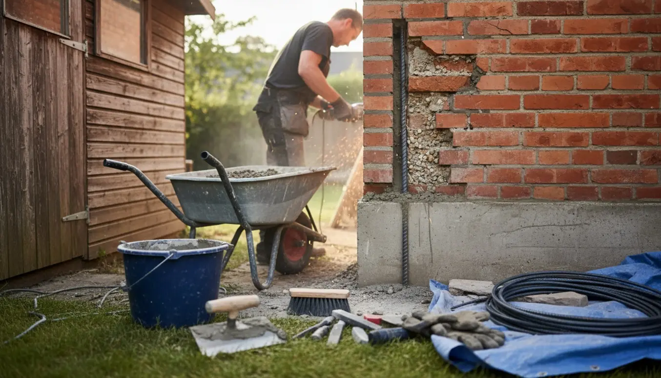 Murer riller en udvendig mur og indsætter jern i soklen ved et tætliggende skur.