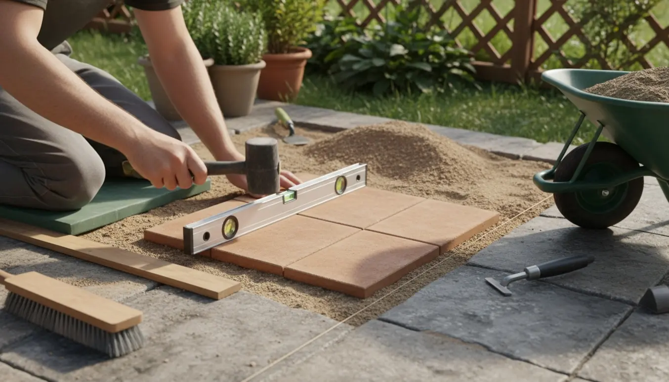 Nærbillede af hænder, der lægger små havefliser på sandbund ved siden af en eksisterende terrasse.