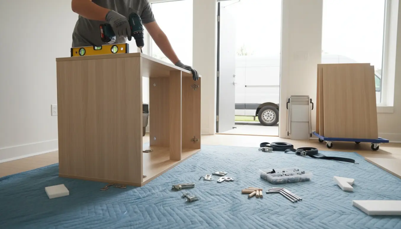 Hænder samler et skab i et lyst rum med skabsdele, værktøj og en flyttevogn udenfor.