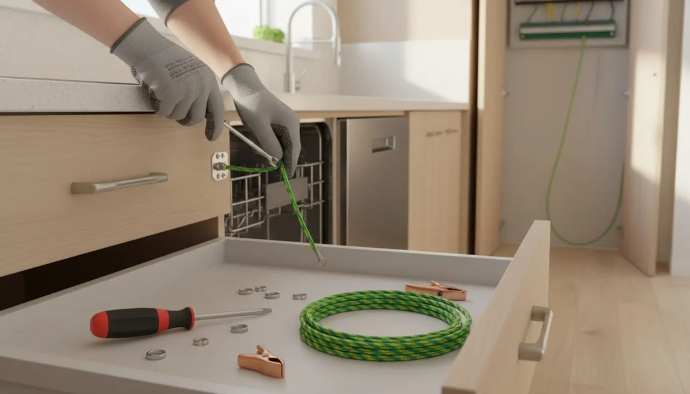 Nærbillede af en jordforbindelse til opvaskemaskine med grøn-gul leder fastgjort til metalchassiset under bordpladen.