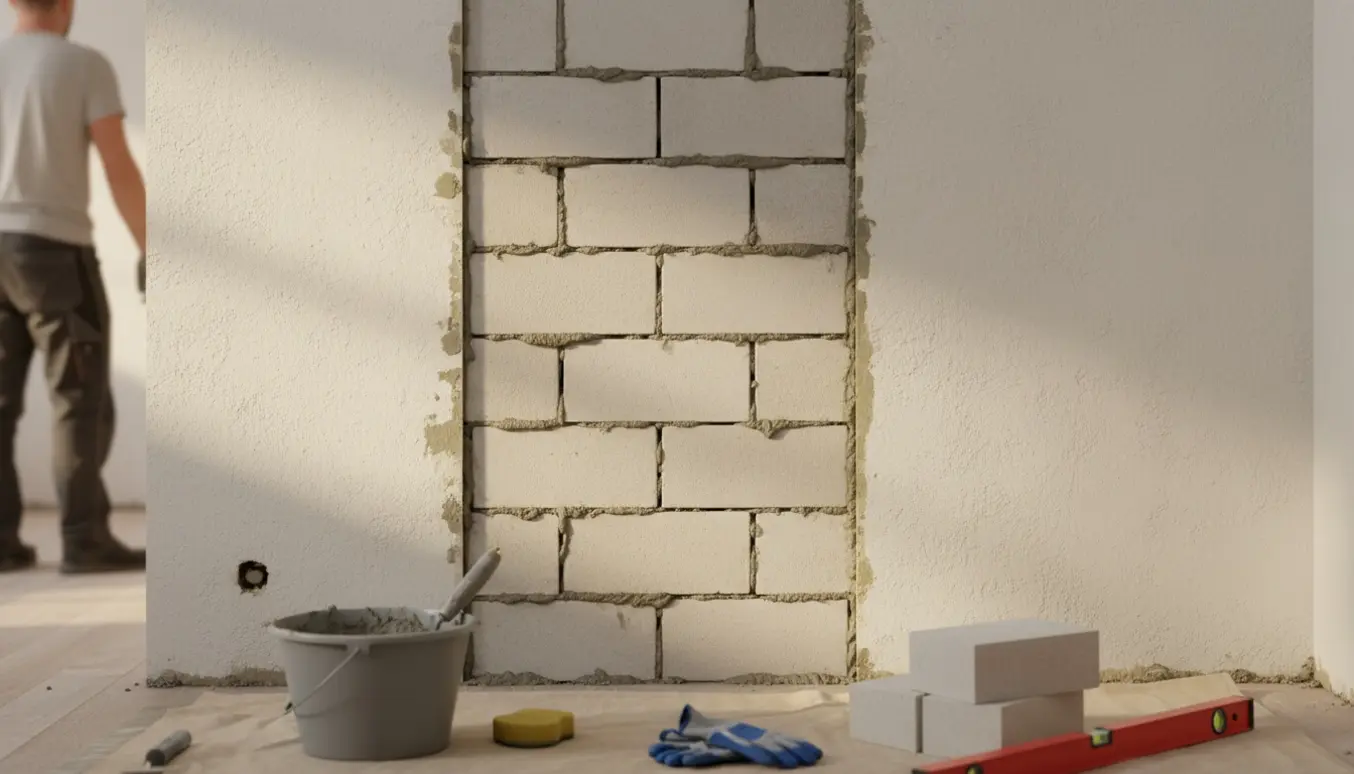 Delvist opmuret indendørs døråbning med frisk mørtel, blokke og murerredskaber.