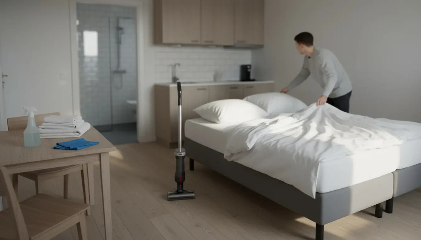 Person ses bagfra skifte hvidt sengetøj i en lille, lys skandinavisk Airbnb-lejlighed med støvsuger og rengøringsudstyr.