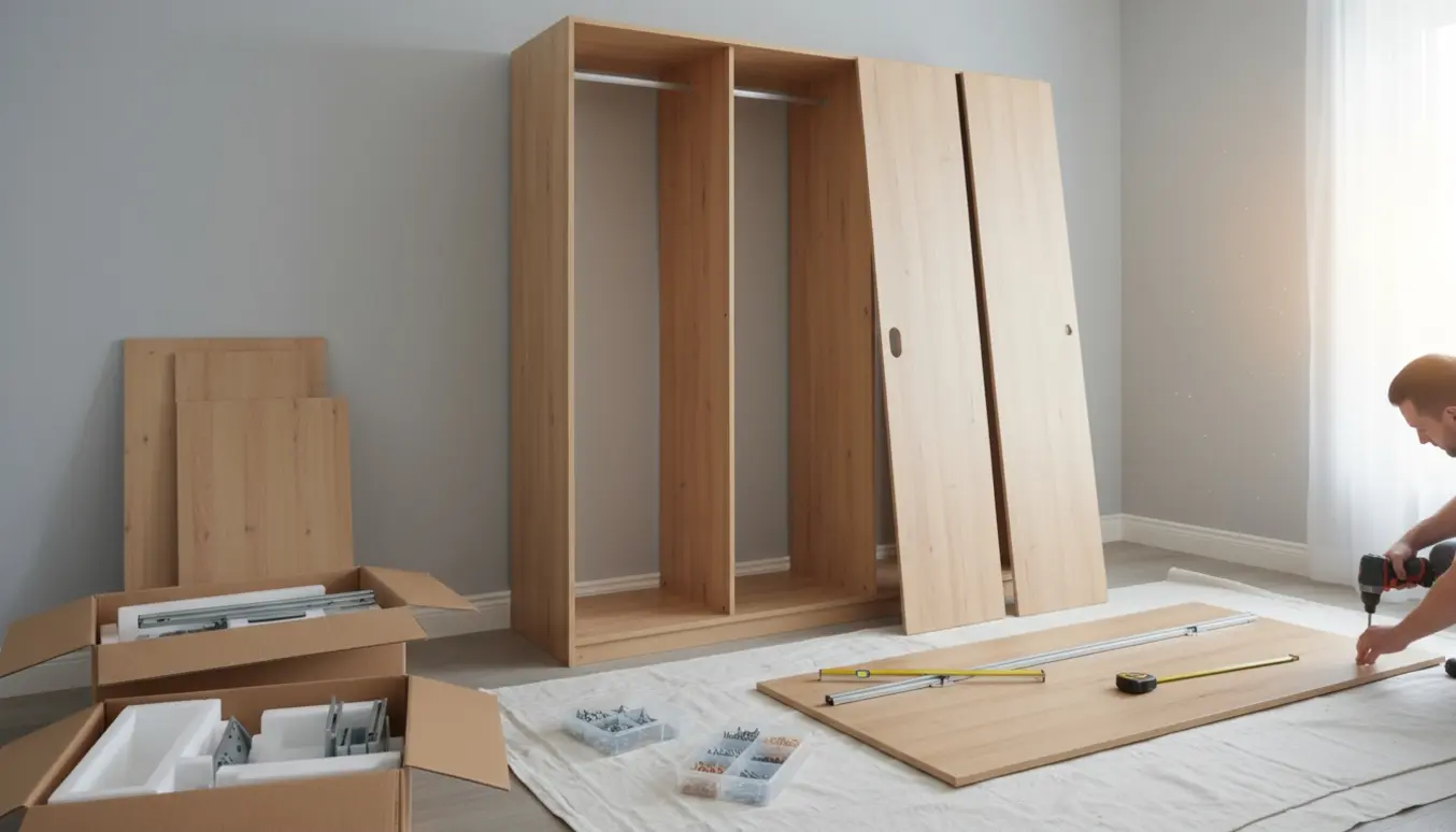 Delvist samlet stort modulskab i et lyst soveværelse med værktøj og træpaneler klar til montering.