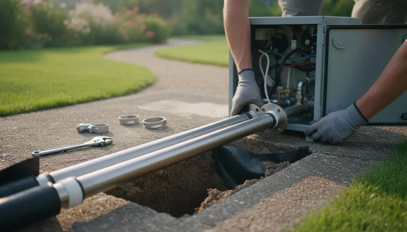Glinsende rustfri rør montérers ved et jordvarmeanlæg med værktøj og beskyttelseshandsker i fokus.