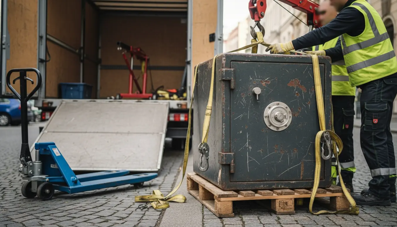 Et tungt stålskab på en palle ved fortovet, klar til at blive løftet ind i en varevogn med løftestropper og hydraulisk lift.