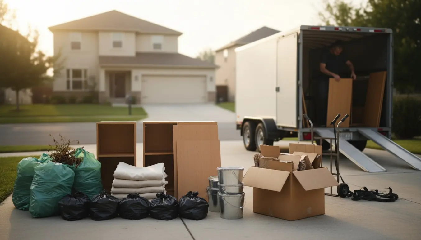 Sorteret affald — sække, møbler og pap — stablet på indkørslen klar til afhentning.