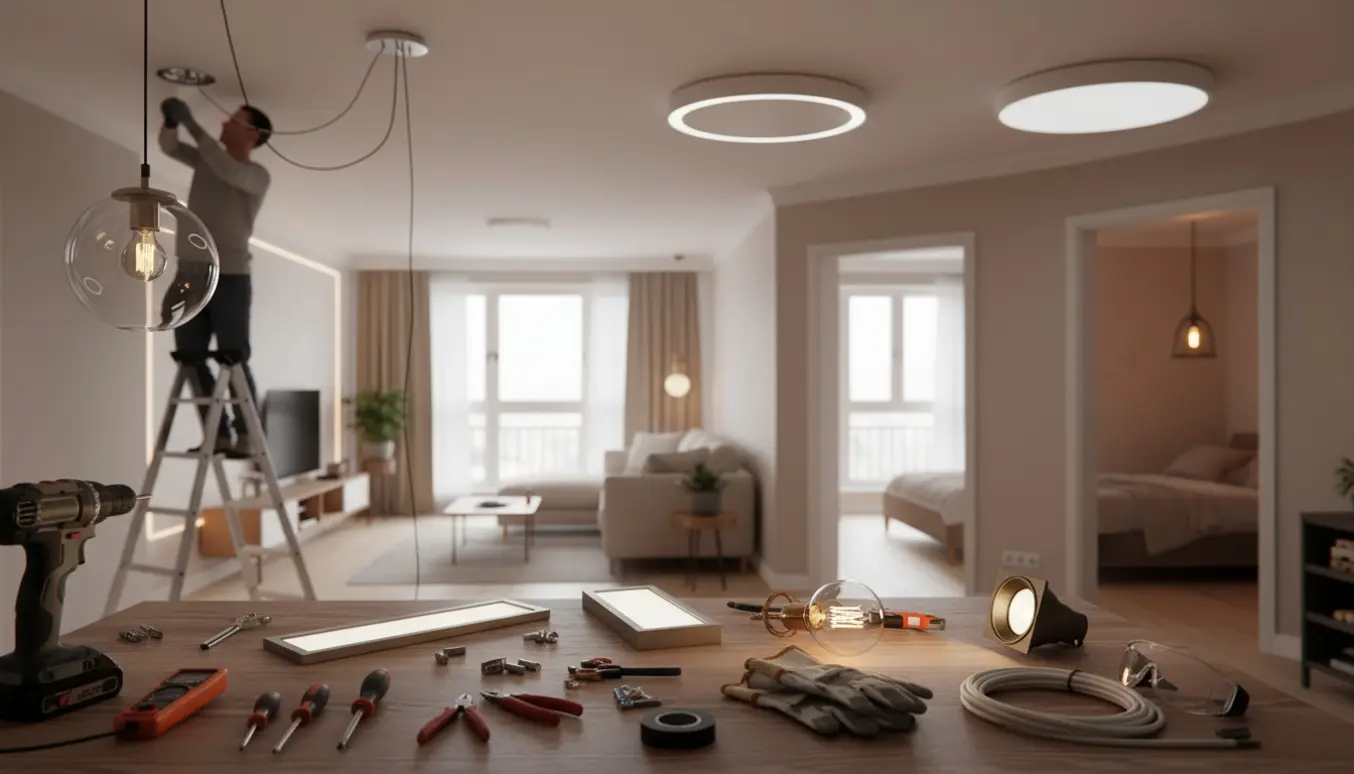 Elektriker på stige monterer loftslampe i høj hall med værktøj og flere forskellige lamper synlige.