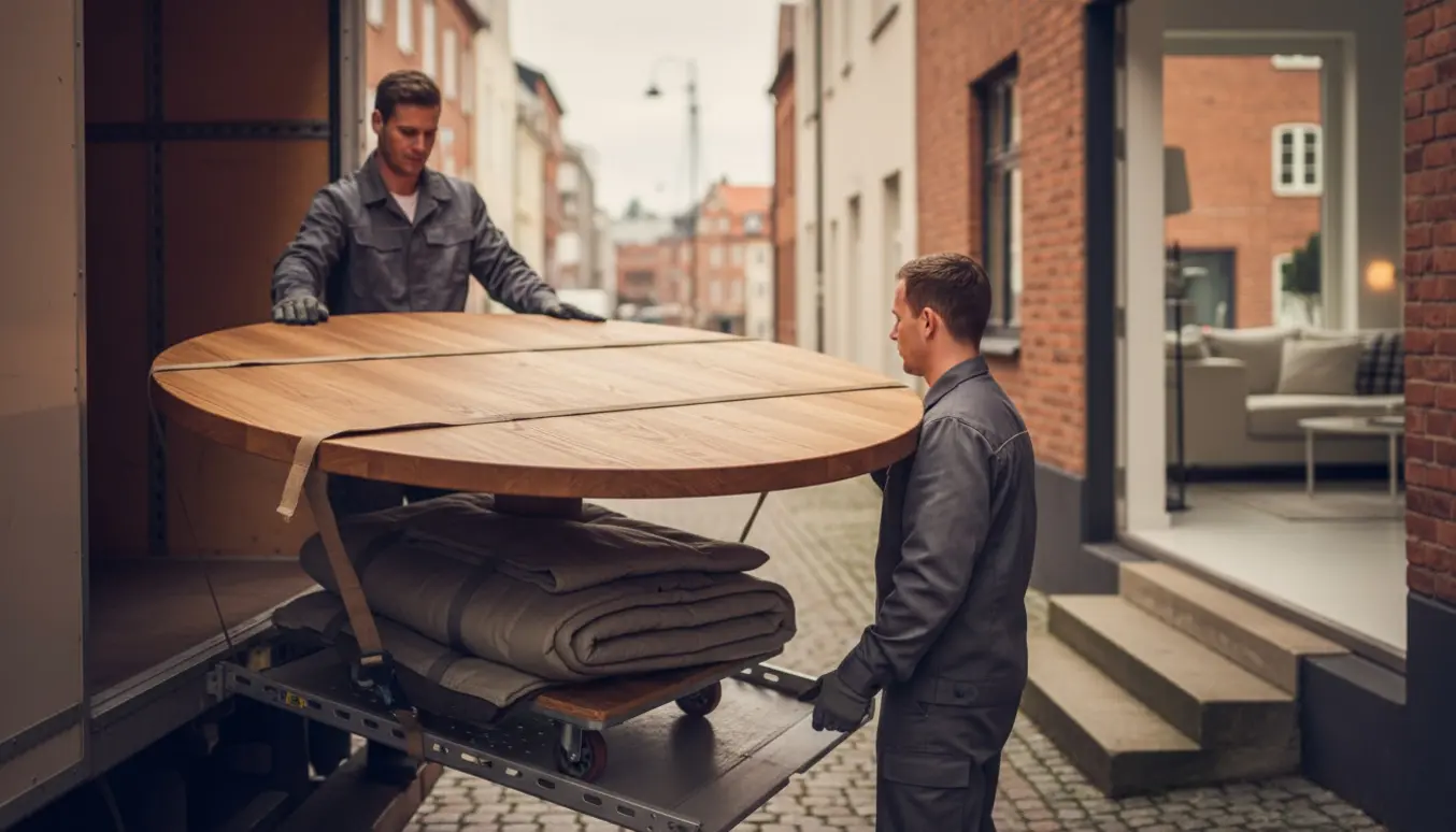 Flyttefolk læsser et rundt massivt fyrretræsbord ind i en flyttebil foran en lejlighedsindgang med få trin.