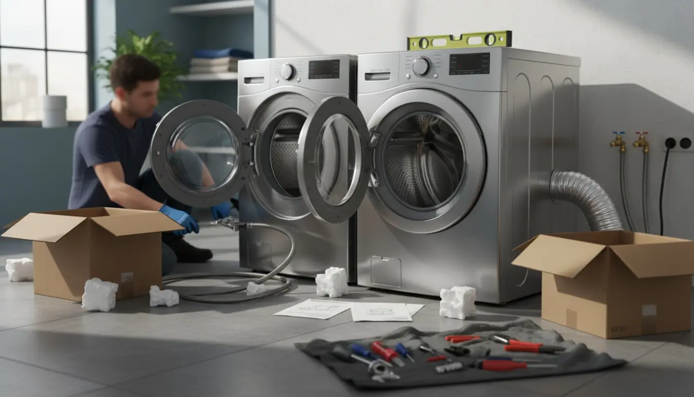 Tekniker tilslutter nye vaskemaskine og tørretumbler i moderne vaskerum med værktøj og emballage.