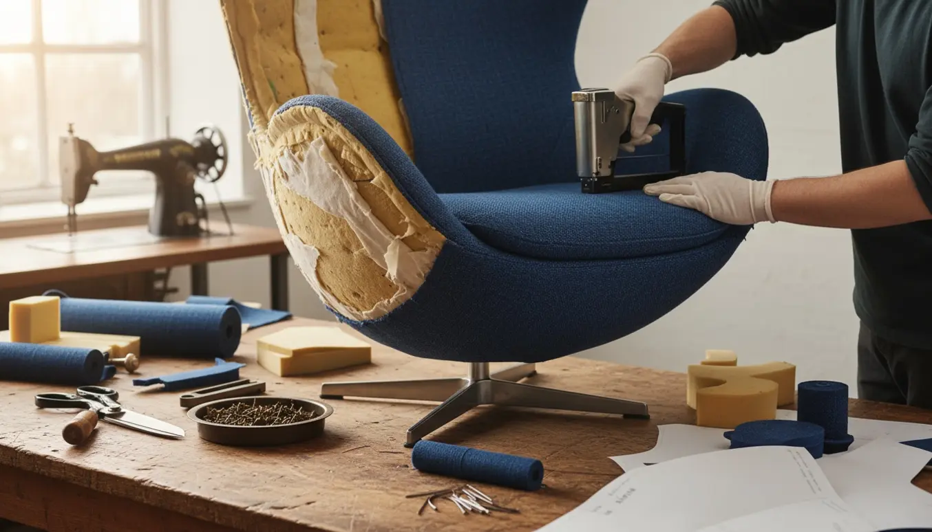 En Arne Jacobsen 'Egg' stol under ompolstring med dybblåt vævet stof og værktøj på et lyst værksted.