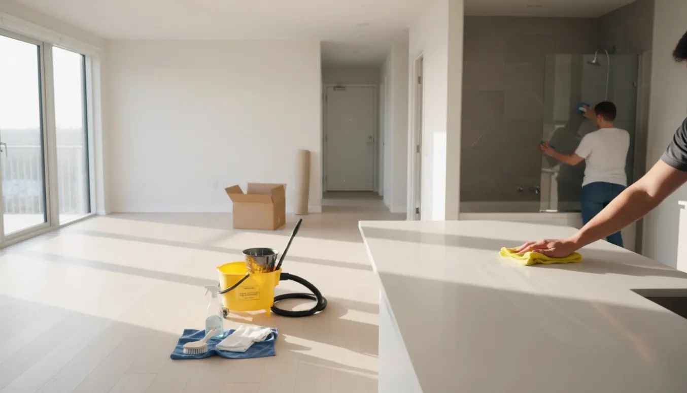 Hænder pudser køkkenbord i næsten tom lejlighed under udflytningsrengøring.