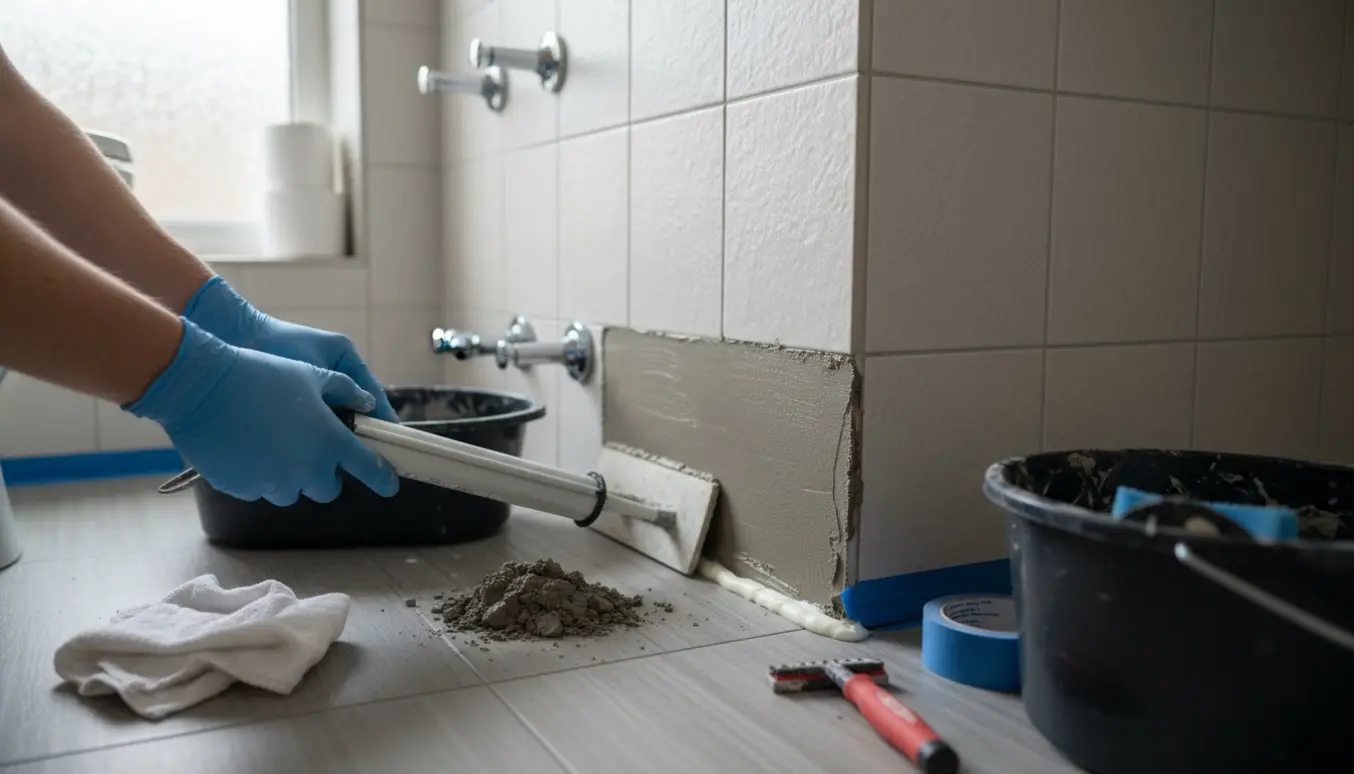 Hænder i handsker udskifter fuger på et lille badeværelses flisehjørne med fugeværktøj og silikone langs kanten.