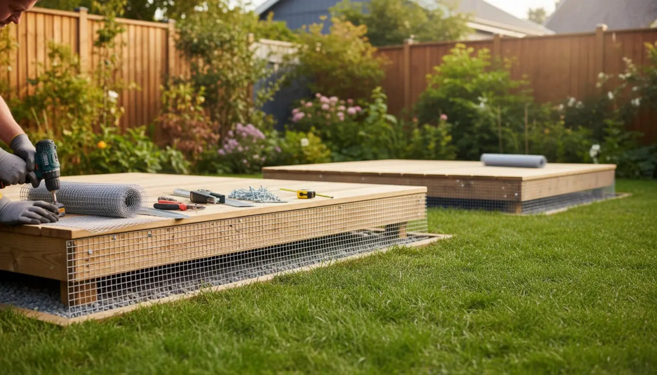 Håndværker monterer galvaniseret net rundt om to træterrasser omgivet af græs for rottebeskyttelse.