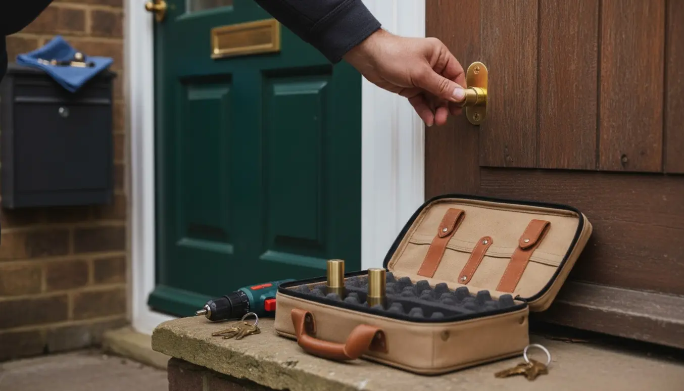 Hænder skifter låsecylindre på fordør, bagdør og postkasse med tre ens nøgler ved siden af.