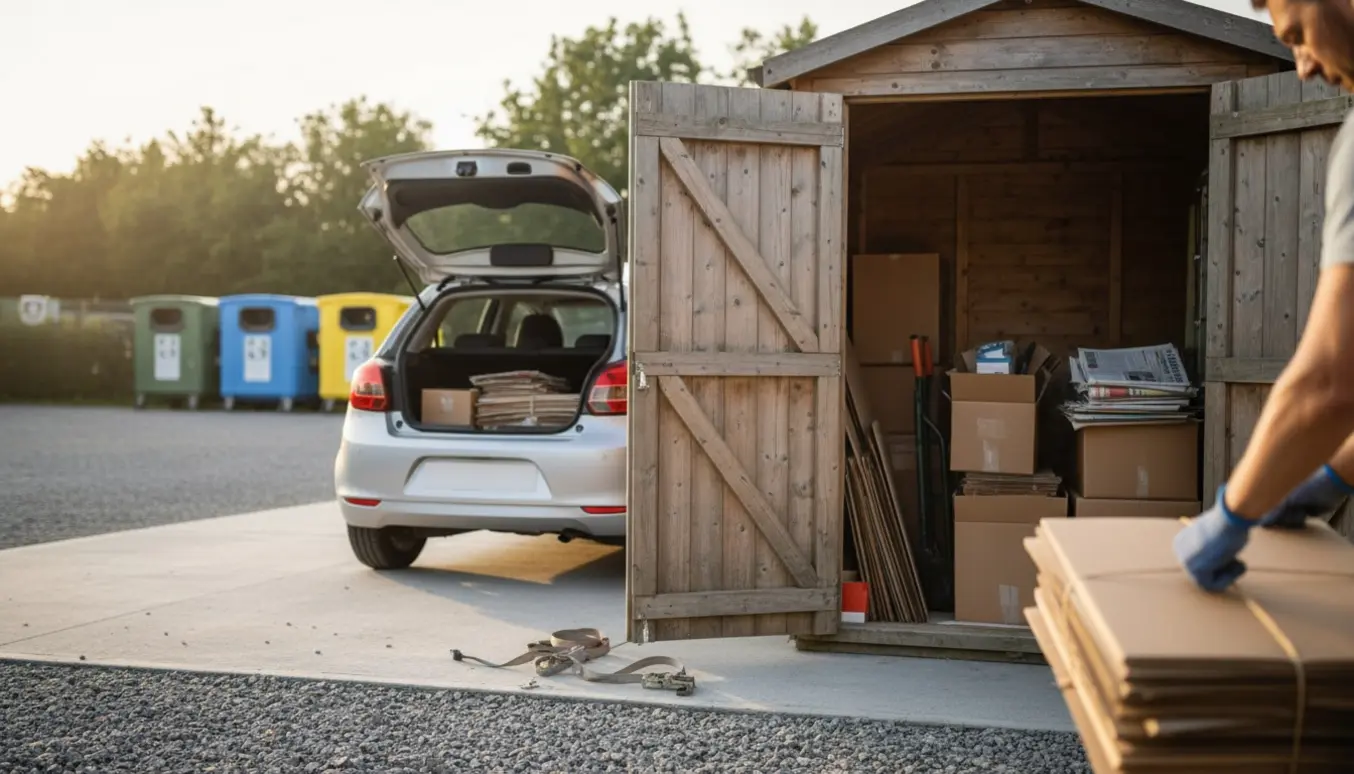 Person læsser pap og papir fra et lille skur ind i en bil ved en genbrugsplads.