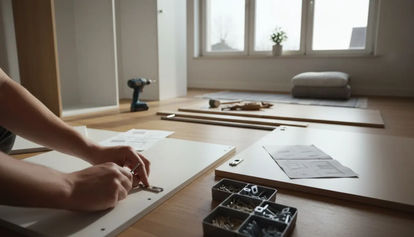 To fladpakkede skabe (gang- og soveværelsesskab) samles på gulvet med værktøj og hænder i fokus.