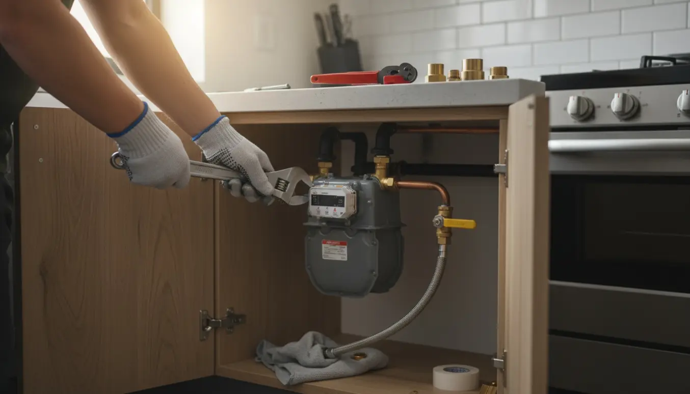 Nærbillede af handsker og skruenøgle, der fjerner en gasmåler og gasrør inde i et køkkenskab.